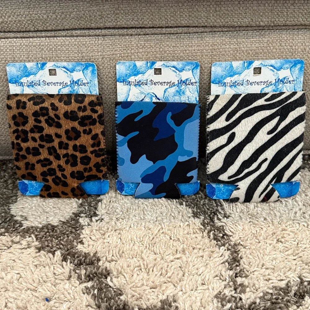 NWT Boutique Can Cooler Koozie Holders Lot of 3 Leopard Blue Camo Zebra